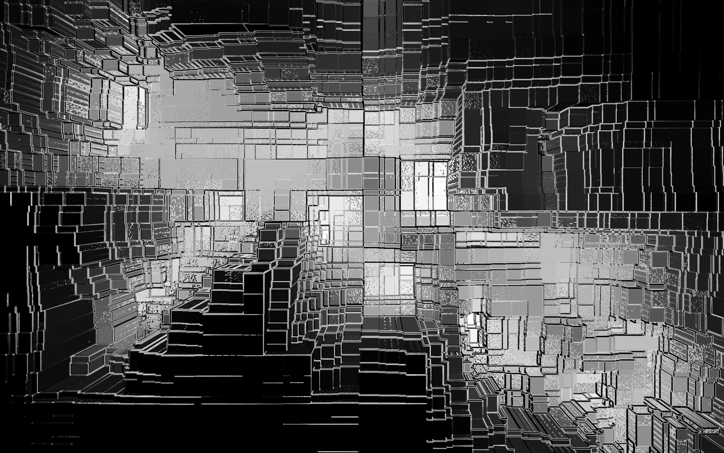 A digital abstract artwork consisting of a complex 3D grid of black, white, and gray rectangular blocks and lines, creating a futuristic, geometric landscape.
