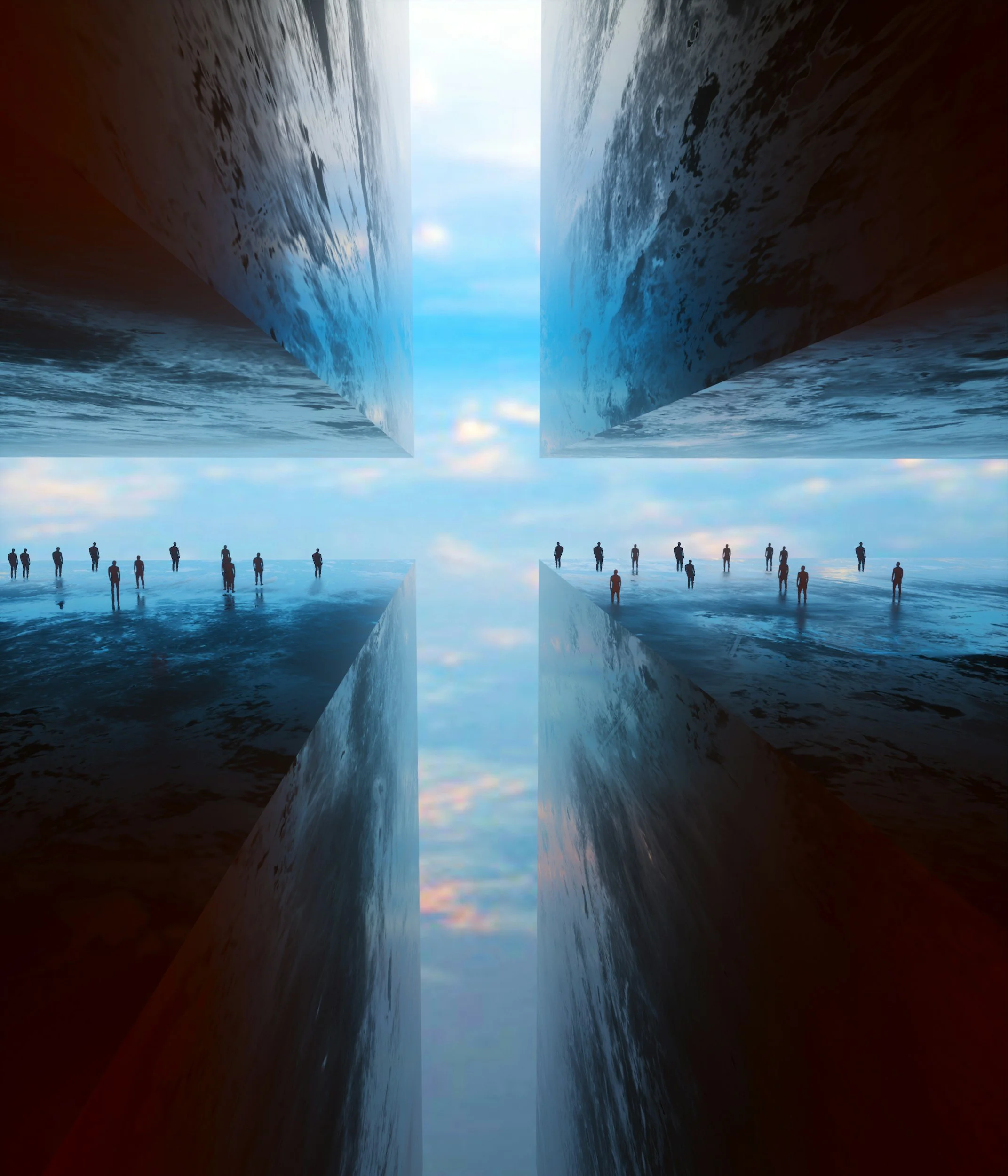 Surreal digital art of human silhouettes walking on water, with mirrored structures reflecting the sky and water, creating a symmetrical, dreamlike scene.