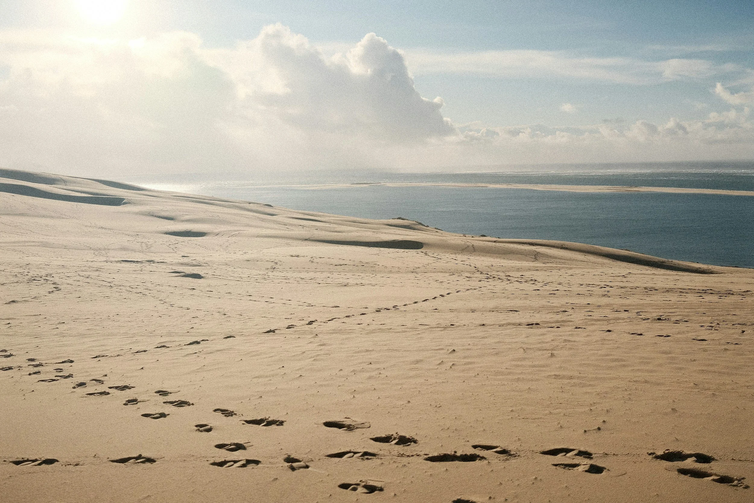 Footprints in sandy dunes near a body of water, under a partly cloudy sky.