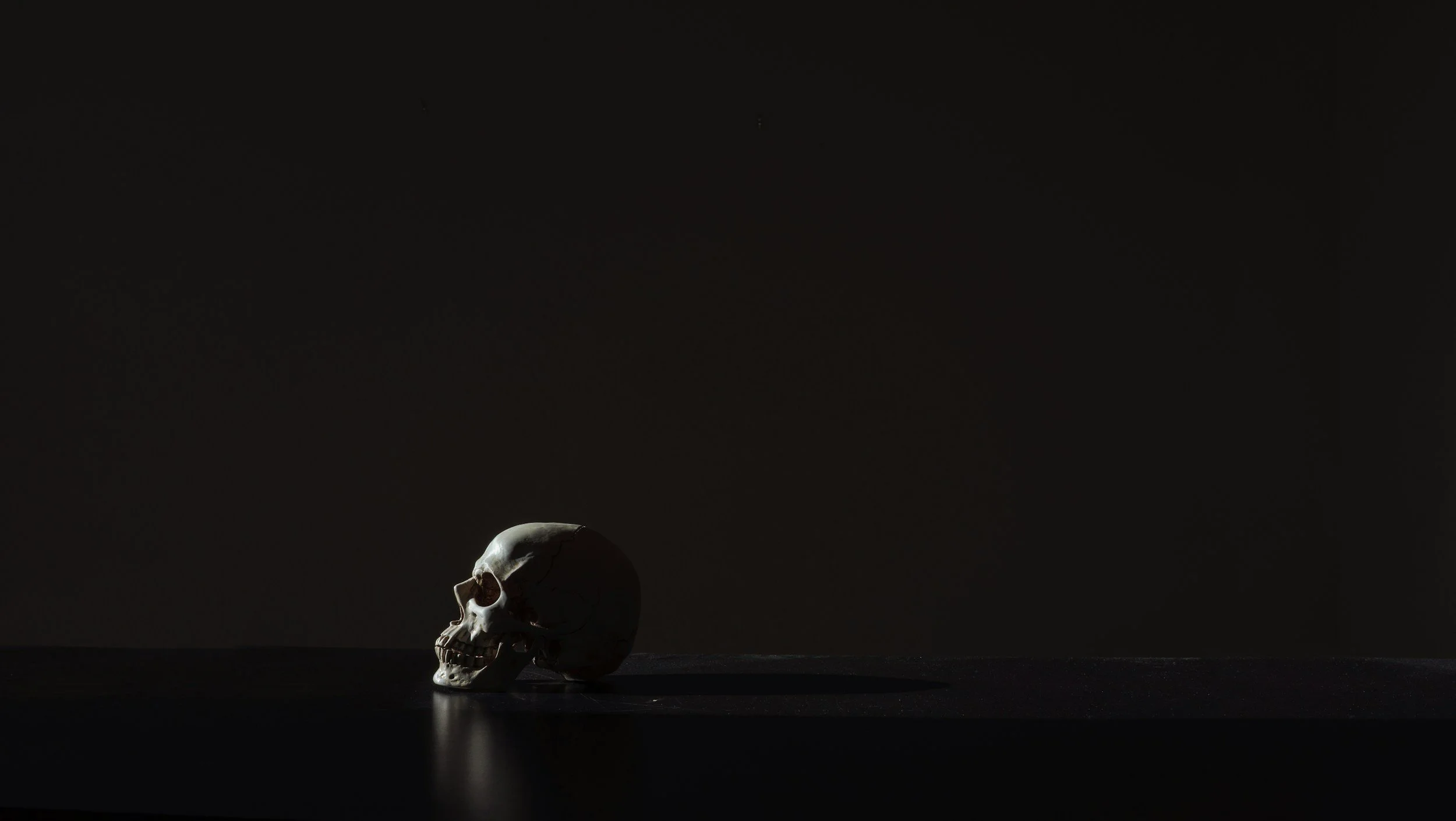 A human skull placed on a dark surface against a black background.