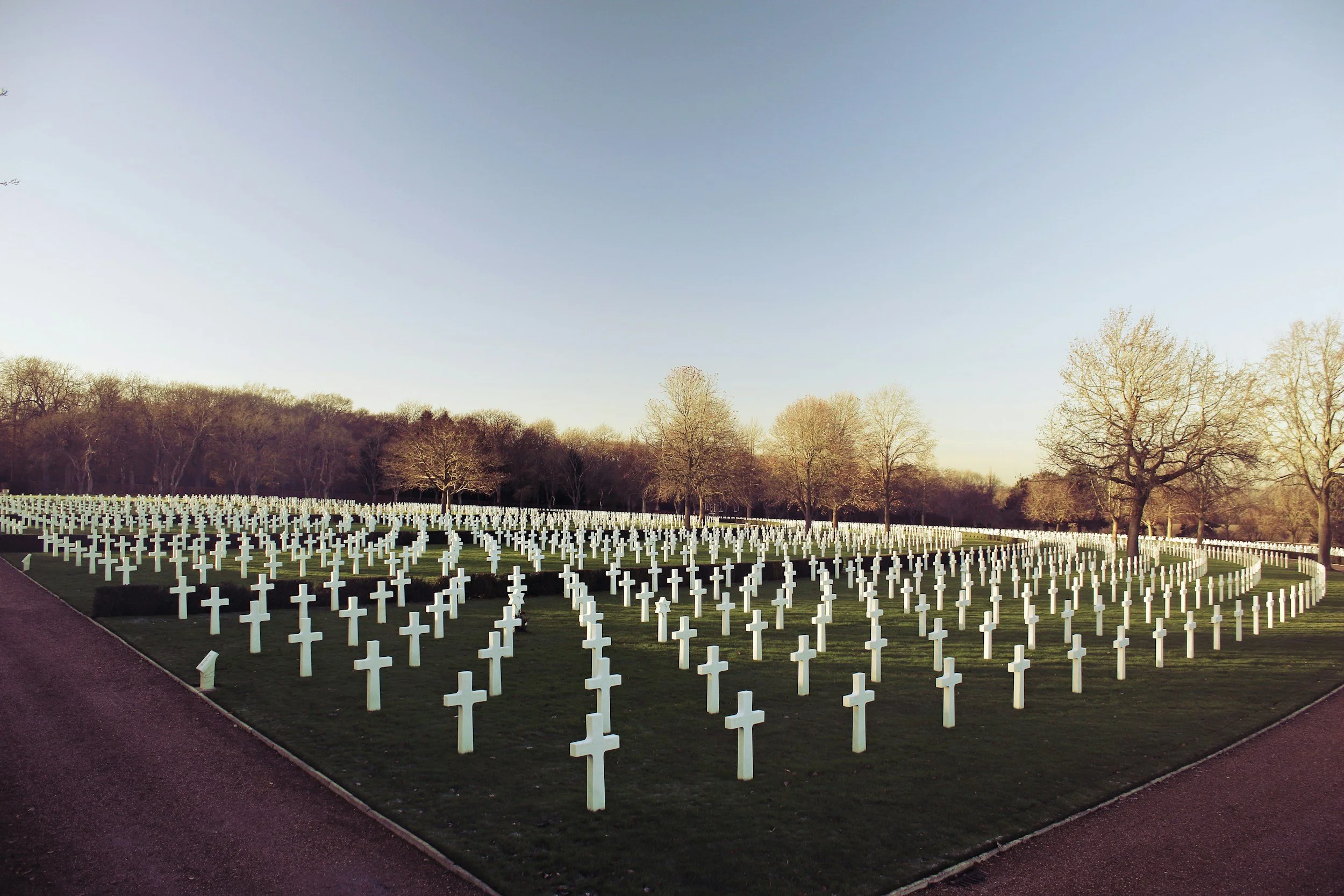 Military cemetery with rows of white crosses marking graves, surrounded by leafless trees, under a clear sky.