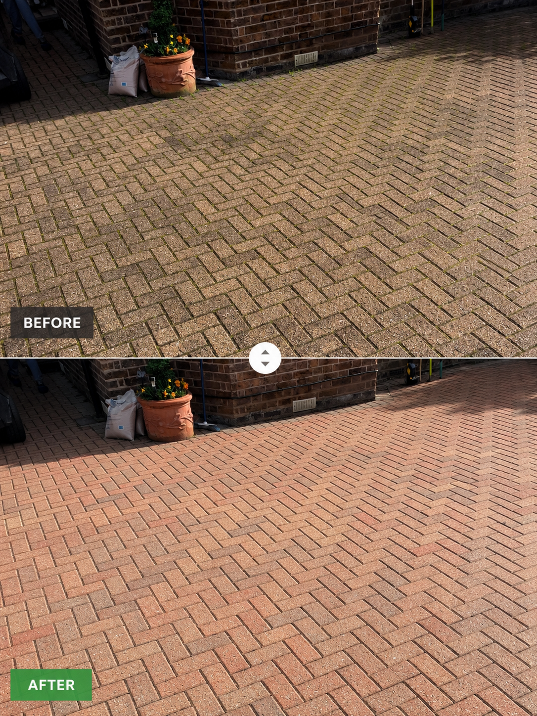 Before and after driveway pressure washing by GJO Gardening Services in South East London showing restored block paving.