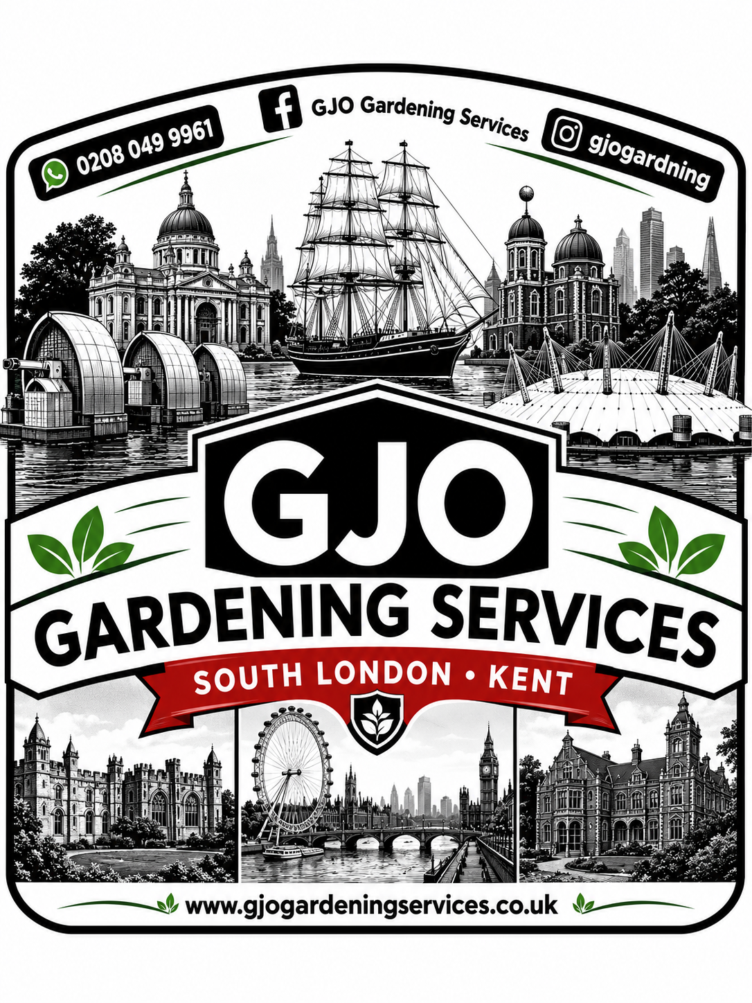 A black and white advertisement for GJO Gardening Services, featuring illustrations of London landmarks such as the Millennium Dome, Tower of London, Big Ben, and the London Eye, with contact information and social media icons.