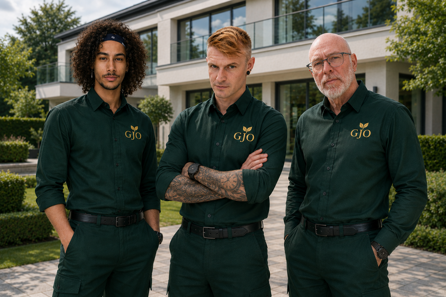 Three men standing in front of a modern building, wearing matching dark green shirts with a GJO logo, Happy to assit on all your gardening needs.