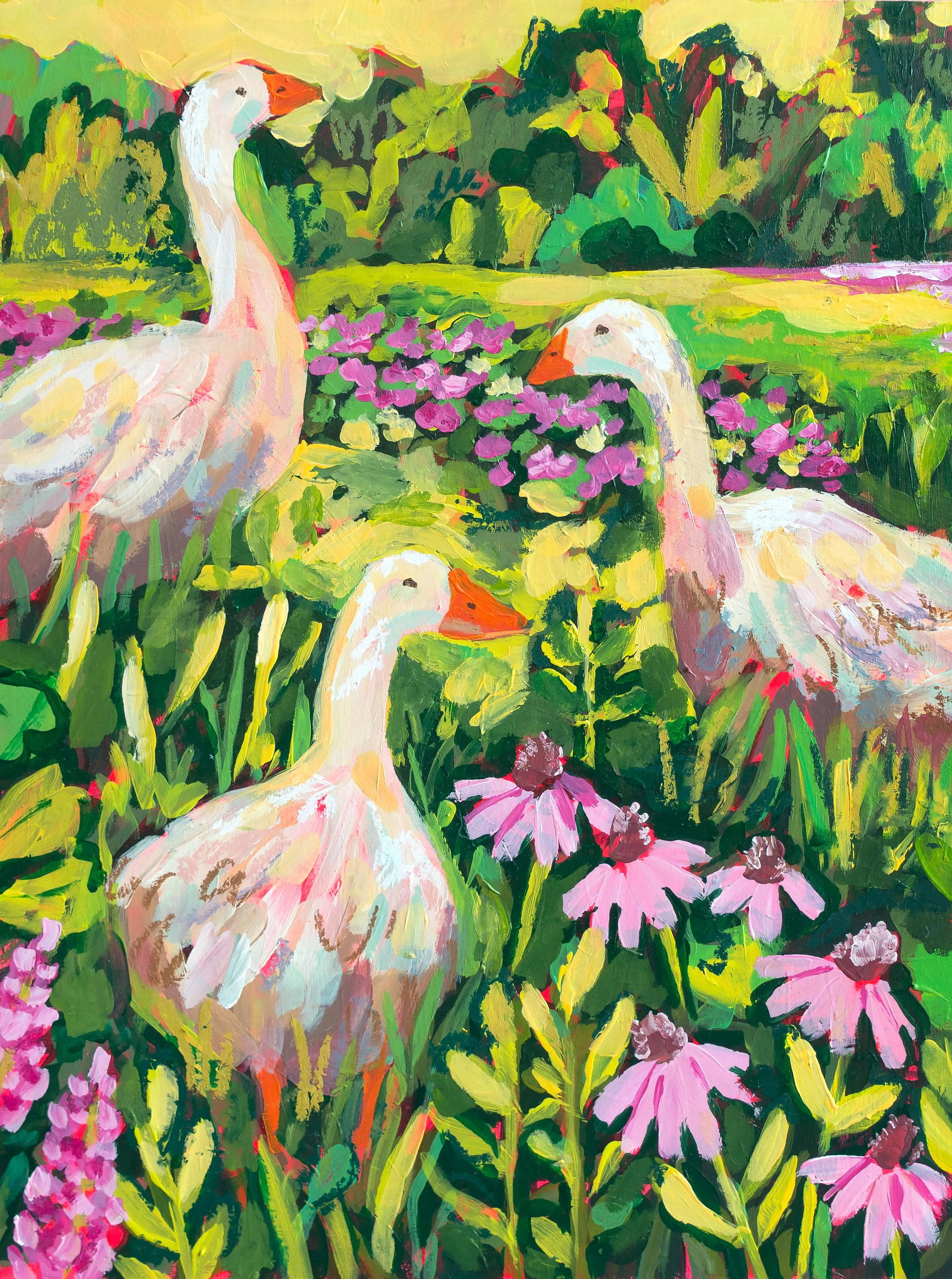 Ducks in the Garden /
Acrylic and Oil Pastels on Wooden Panel / 
40 x 30 cm / 
2025