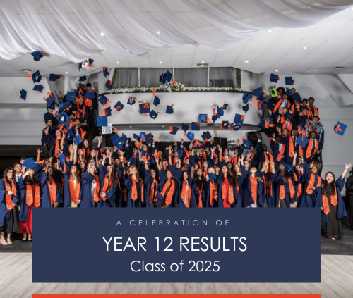 Group of students in caps and gowns celebrating graduation, with confetti falling and a banner reading "A Celebration of Year 12 Results Class of 2025."