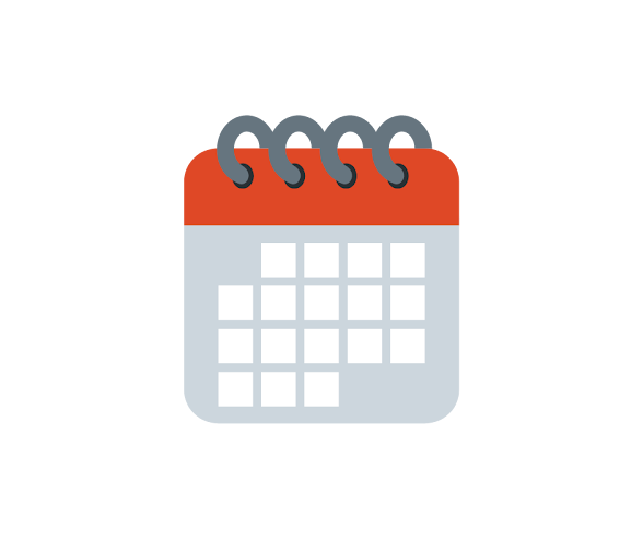 A calendar with a red header and gray rings at the top, depicting a grid of days.