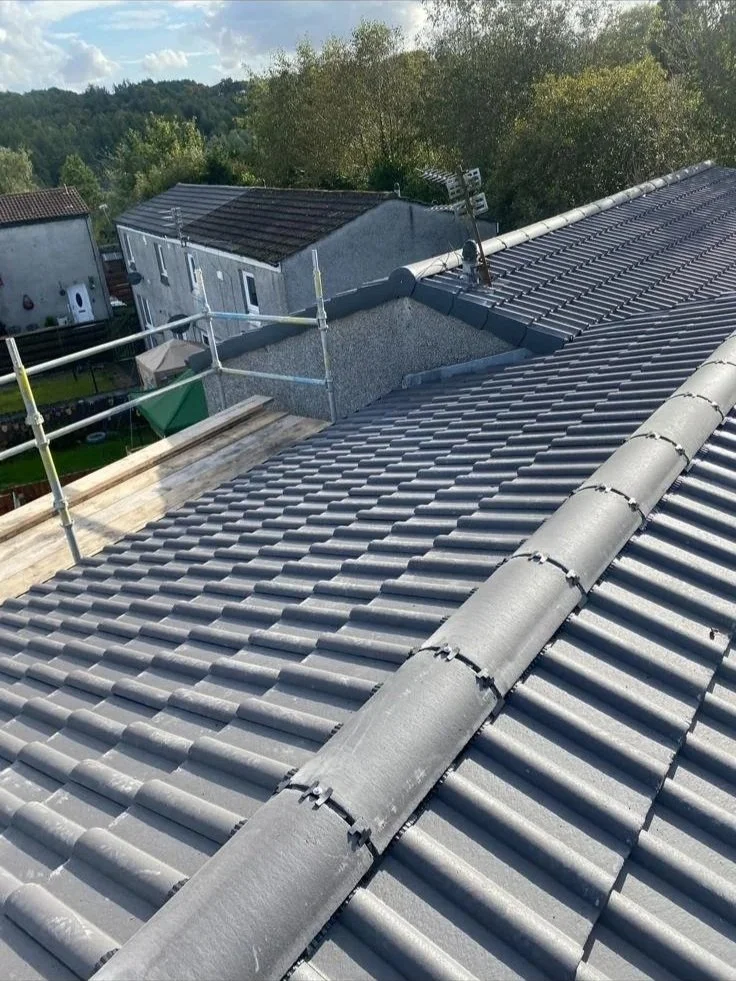 View of a gray tiled roof on a residential house with scaffolding on the side, a distant house, trees, and a partly cloudy sky in the background.
