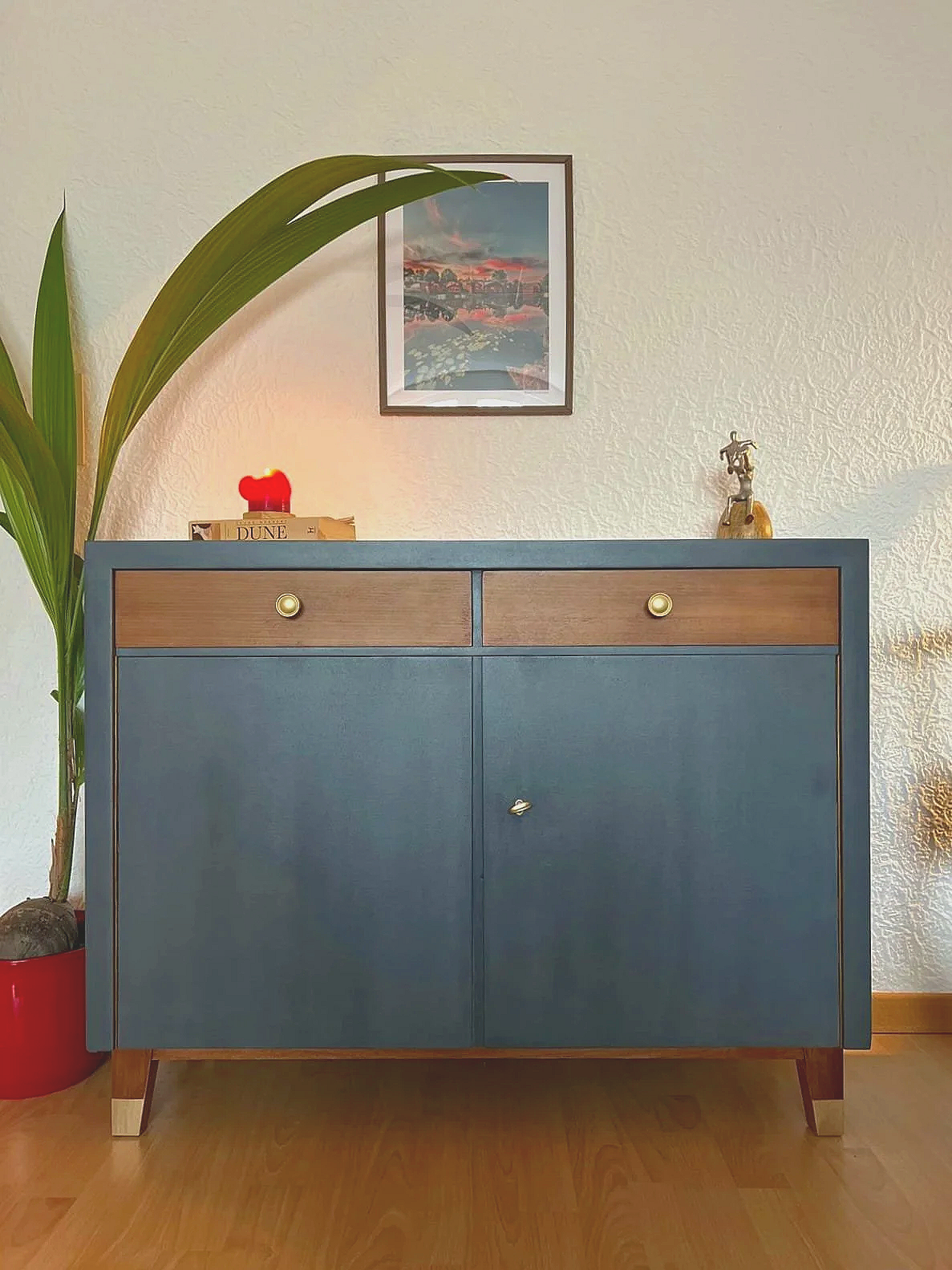 A blue and brown cabinet with two drawers on top and two doors below. There is a potted plant with large green leaves on the left, a framed landscape picture on the wall above, and small decorative items on top of the cabinet. The wall is off-white, and the floor is wooden.