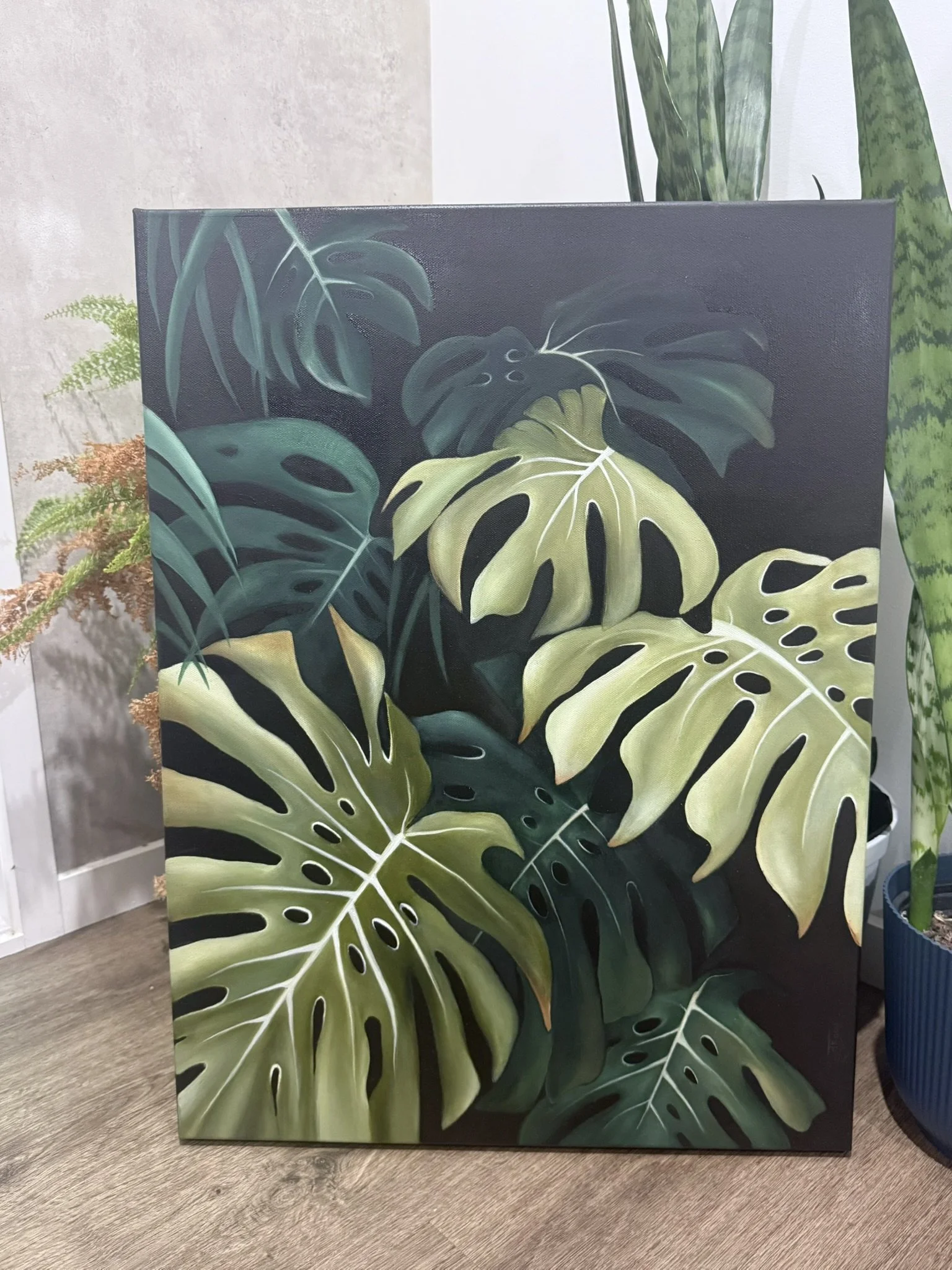 Lush Monstera Leaves Oil Painting
