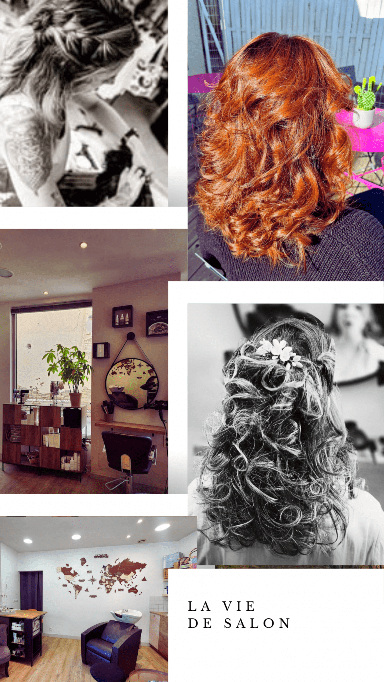Une série de photos liées à un salon de coiffure, montrant une femme avec des cheveux bouclés roux, une autre avec des cheveux bouclés noir et blanc à une coiffure décorée d'une petite fleur, une vue intérieure d'une salle de salon de coiffure avec un miroir et une plante, et une salle de salon de coiffure avec un fauteuil et une décoration du monde en carte murale, accompagnée du texte 'La vie de salon'.