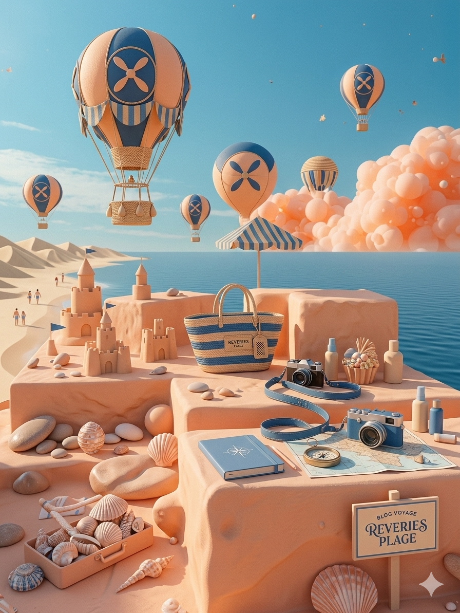 Plage avec château de sable, sacs de plage, appareils photo, livres, coquillages, et ballons à air chaud dans le ciel bleu.