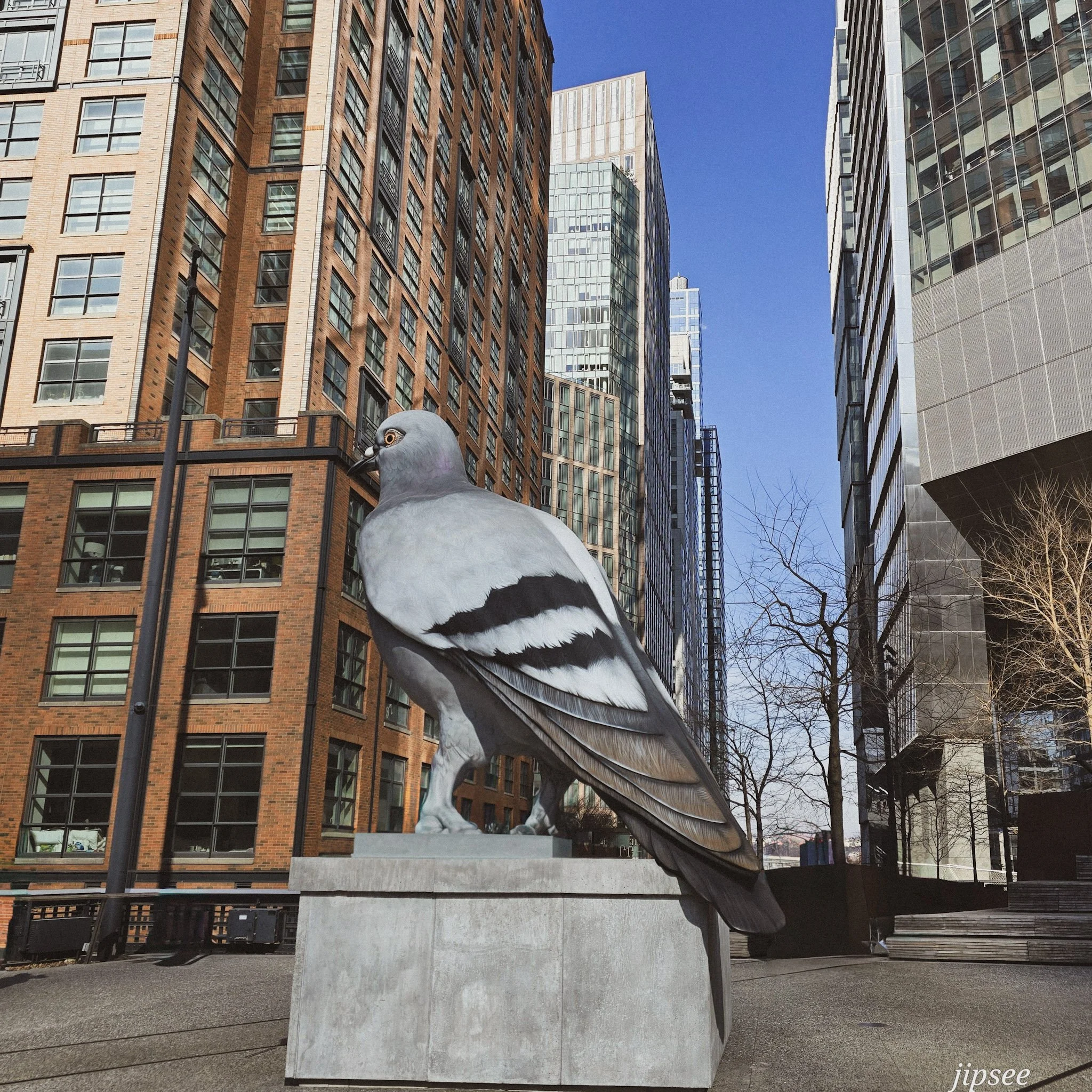 exposition d'un pigeon géant au milieu des buiding sur la high line