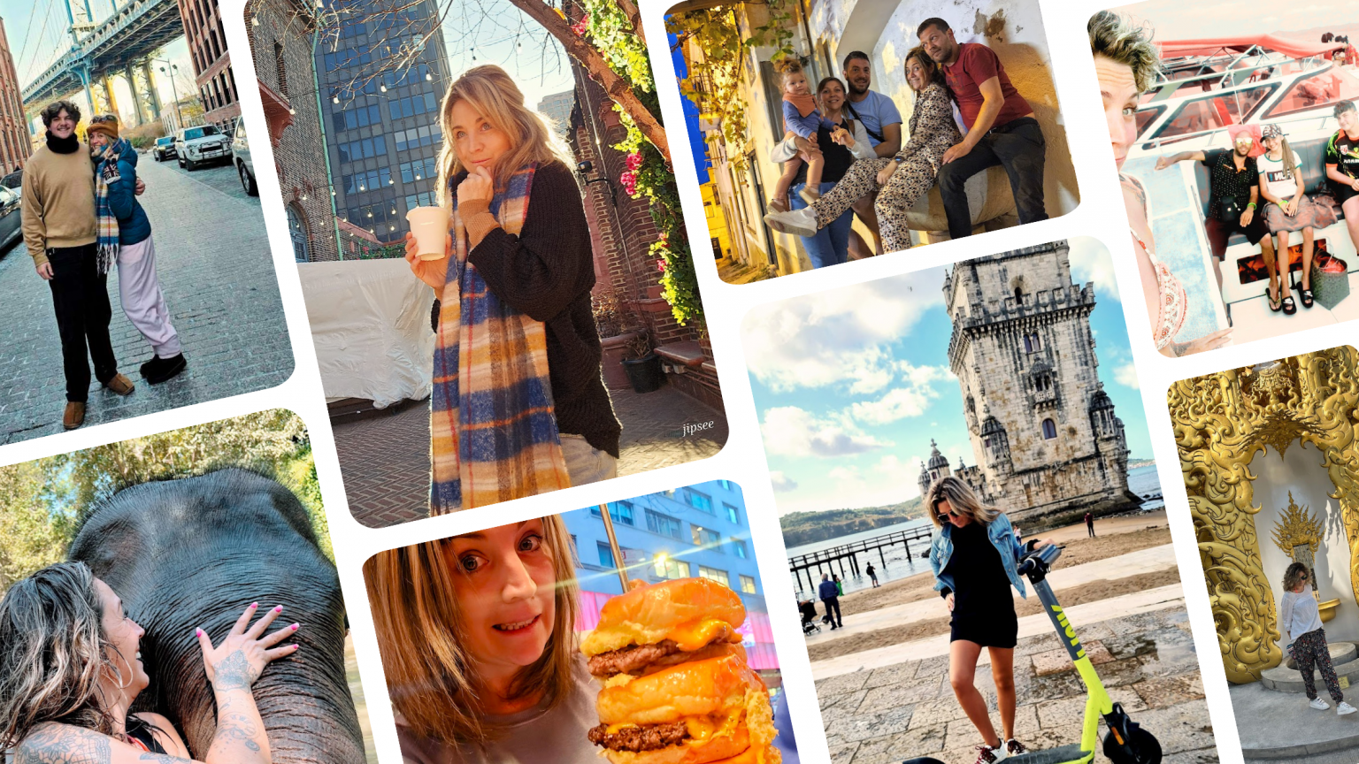 Un collage de plusieurs photos montrant différentes personnes visitant des sites touristiques, prenant des selfies, dégustant de la nourriture, et explorant une ville et un château.