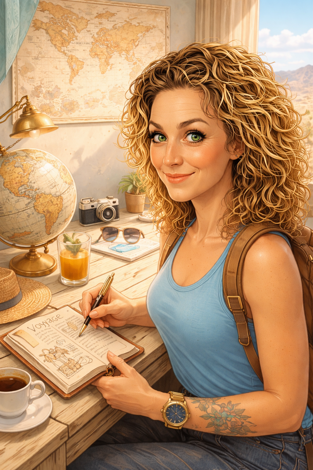 Jeune femme aux cheveux bouclés, portant un t-shirt bleu et un sac à dos en cuir, assise à un bureau préparant un voyage avec un carnet de voyage, une tasse de café, une globe terrestre, des lunettes de soleil, une caméra et un chapeau en paille, dans une pièce avec une carte du monde au mur.