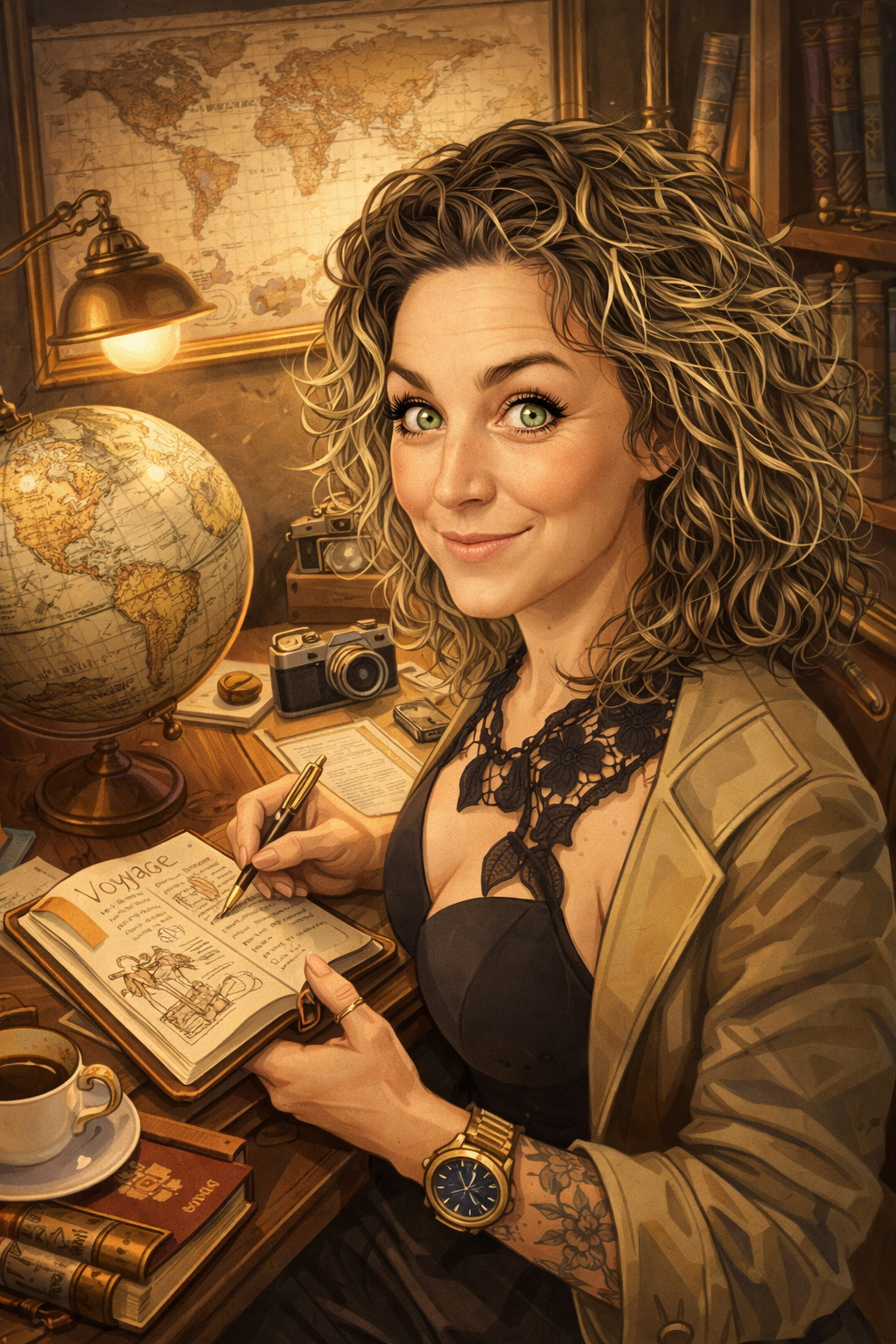 Une femme avec des cheveux bouclés assise à un bureau, écrivant dans un journal de voyage, entourée de globes, appareils photo, et livres dans une bibliothèque, dans une ambiance chaleureuse.