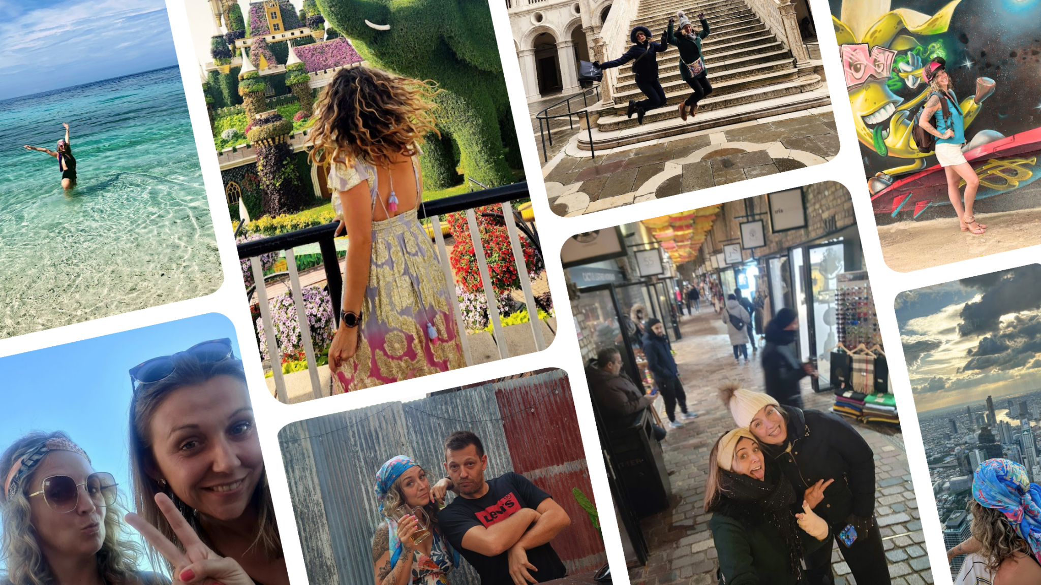 Collection de photos de voyage montrant des personnes en vacances dans différents endroits tels que la plage, un parc, une ville animée, et un site historique, avec des paysages, des selfies et des moments de détente.