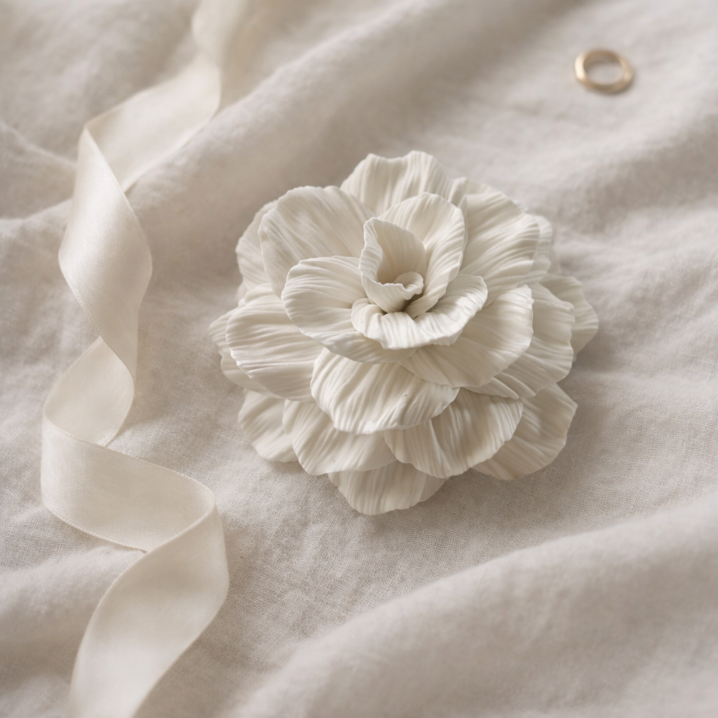 The Ribbed Camellia Hand-Textured White Polymer Clay Bloom