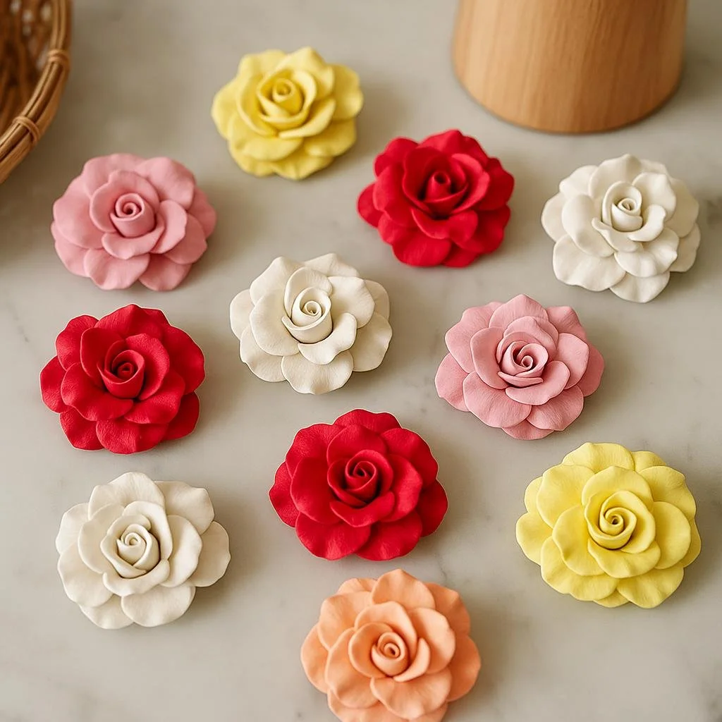 A collection of ten realistic, hand-sculpted polymer clay roses in various colors including red, yellow, cream, pink, and peach