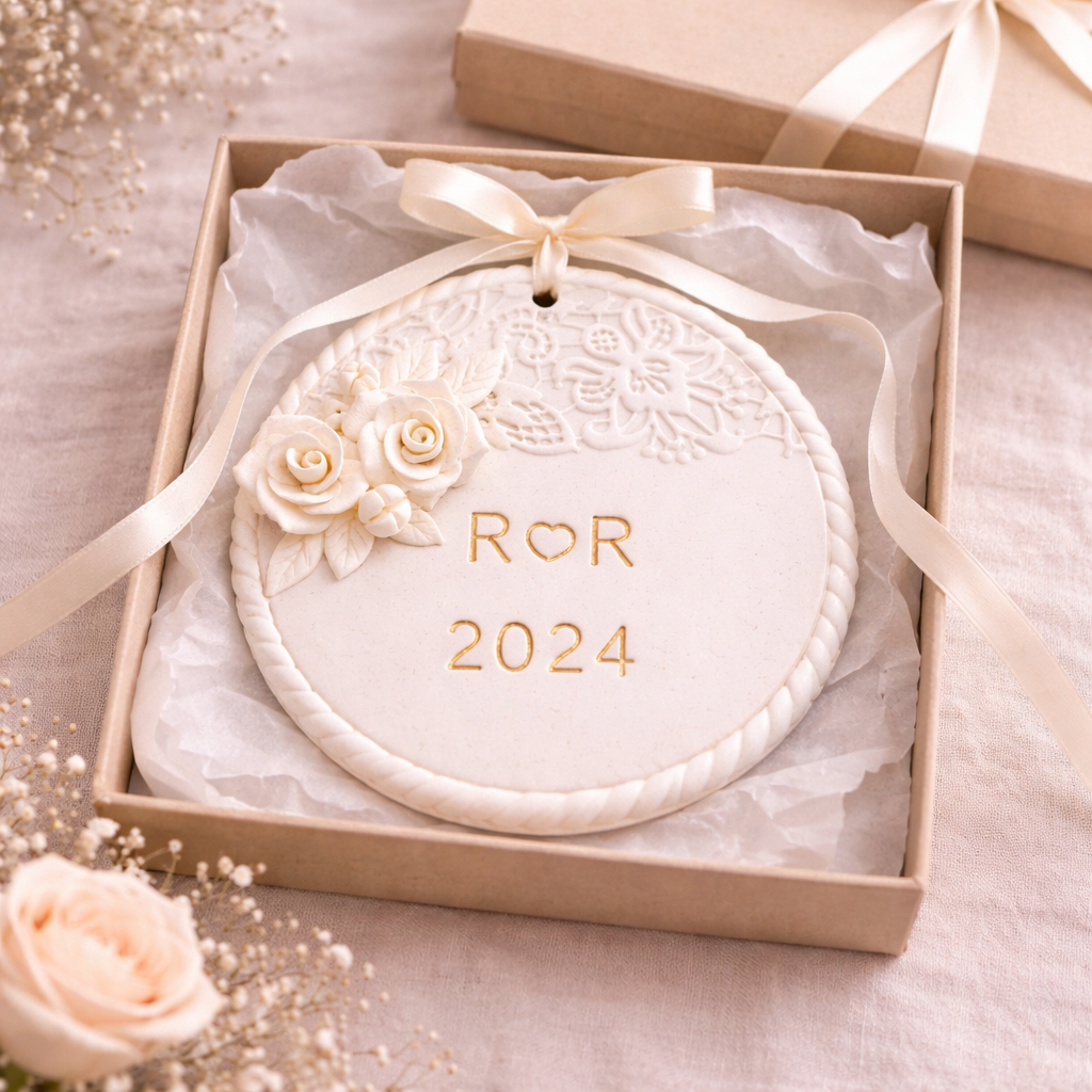 Round Personalized Wedding Ornament, Custom Lace & Rose Clay Keepsake
