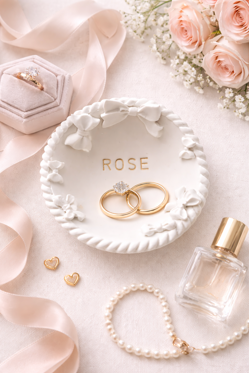 Overhead view of a hand-sculpted white polymer clay trinket dish with a rope border, small clay bows, and the name