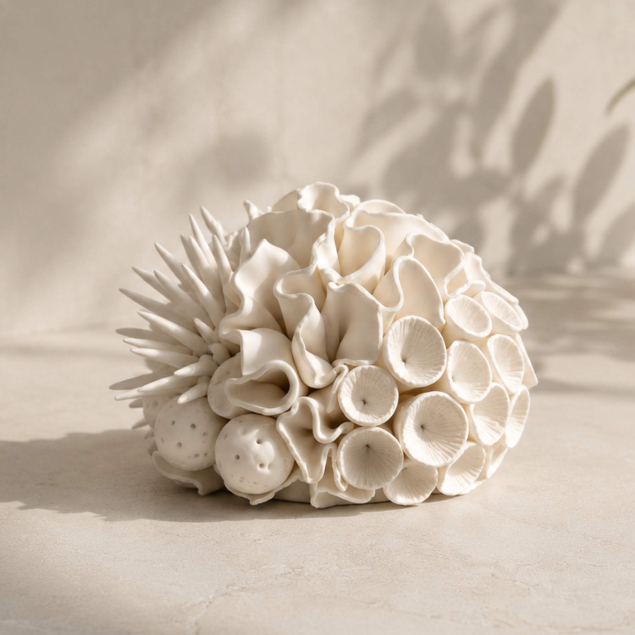 Handmade ivory polymer clay sculpture inspired by ocean coral and organic coastal textures displayed in soft natural lighting.