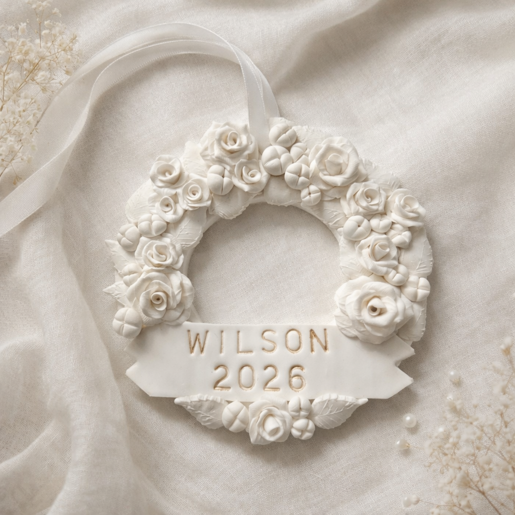 Personalized White Rose Wreath Ornament, Custom Name Keepsake