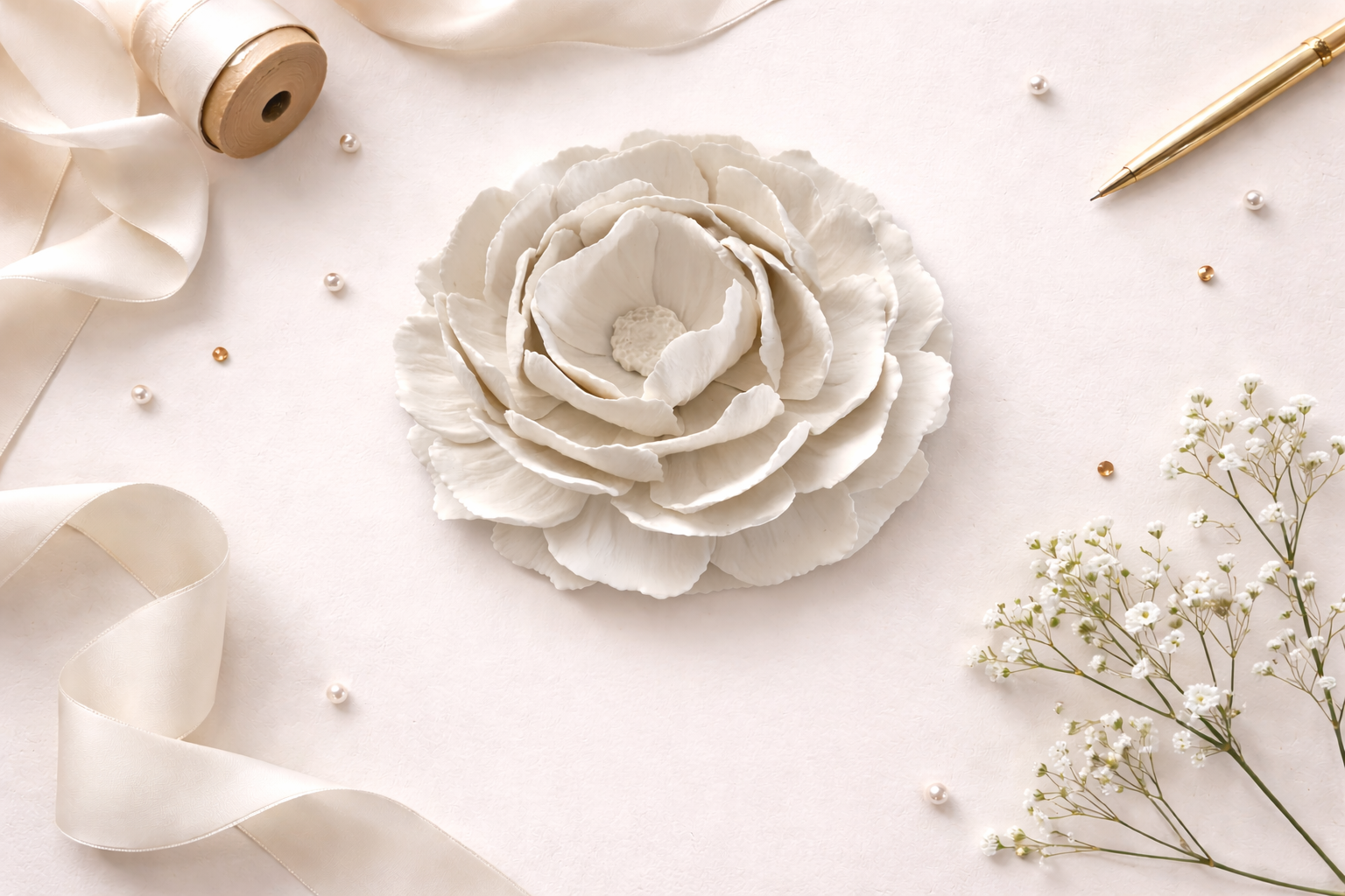 Hand-sculpted white polymer clay gardenia flower with intricate petal layers and organic texture, 5.5-inch minimalist botanical wall art sculpture.