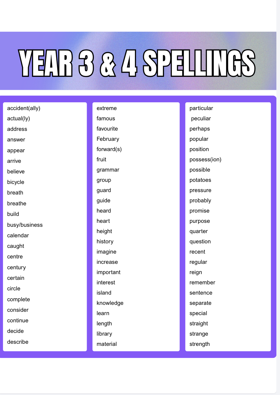 Year 3 and 4 Spelling Lists