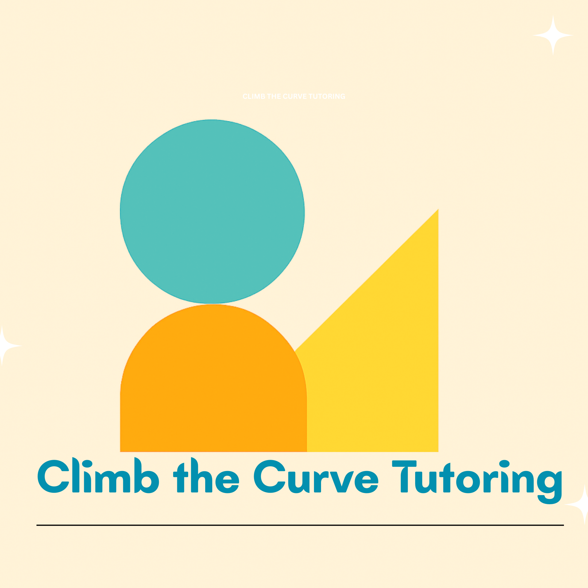 Logo for Climb the Curve Tutoring featuring a blue circle above an orange semi-circle, with a yellow upward triangle resembling a mountain, on a light background with white star accents.