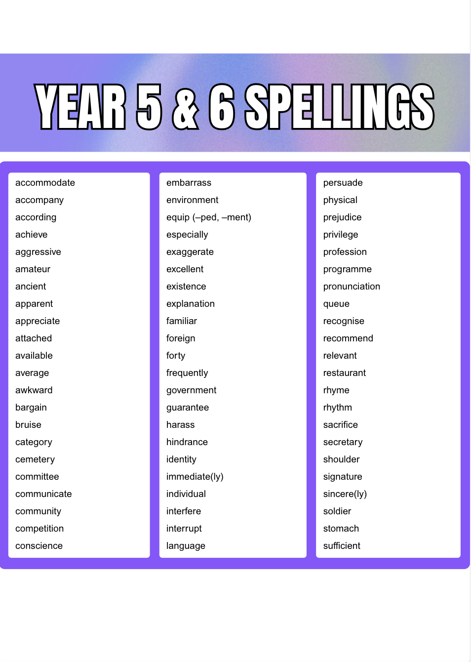 Year 5 and 6 Spelling Lists