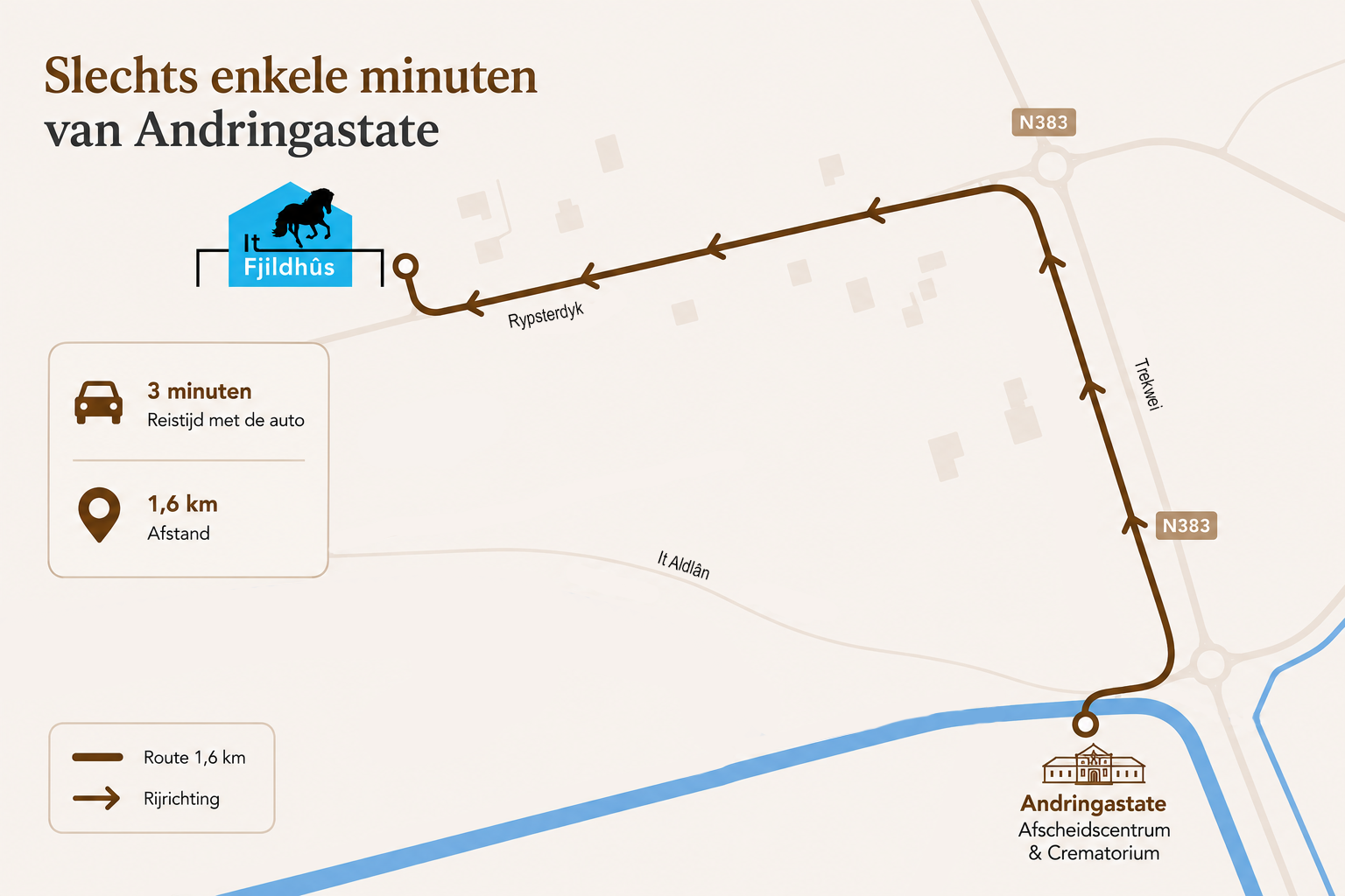 Kaart van de route tussen It Fjildhûs en Andringastate Afscheidscentrum & Crematorium met een reistijd van 3 minuten en een afstand van 1,6 kilometer.