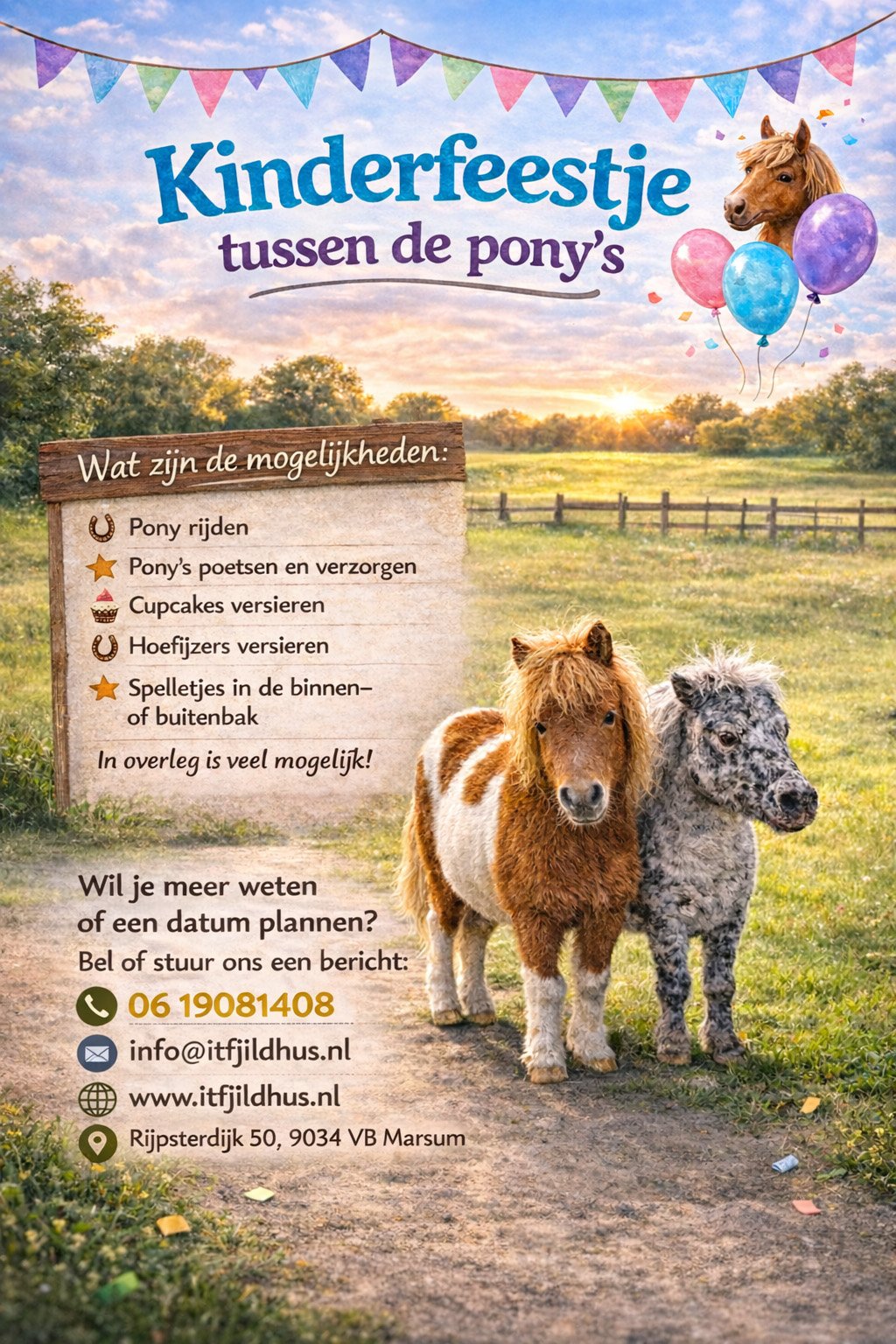 Kinderfeestje tussen de pony’s bij It Fjildhûs in Marsum met pony rijden, spelletjes en activiteiten voor kinderen