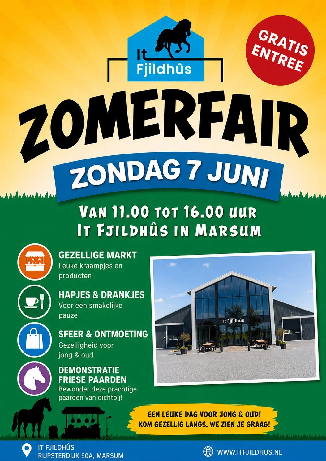 Zomerfair bij It Fjildhûs in Marsum met markt, demonstraties van Friese paarden en activiteiten voor jong en oud