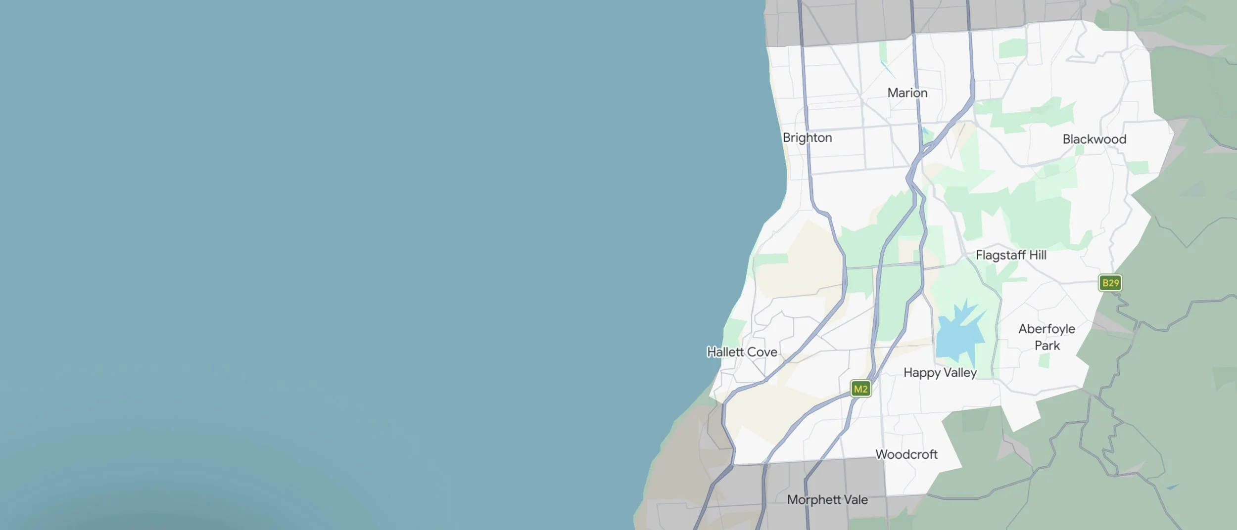 Map showing a section of South Australia, specifically the suburbs south of Adelaide, highlighted suburbs include Brighton, Marion, Blackwood, Flagstaff Hill, Aberfoyle Park, Happy Valley, Woodcroft, Hallett Cove, and surrounding areas.