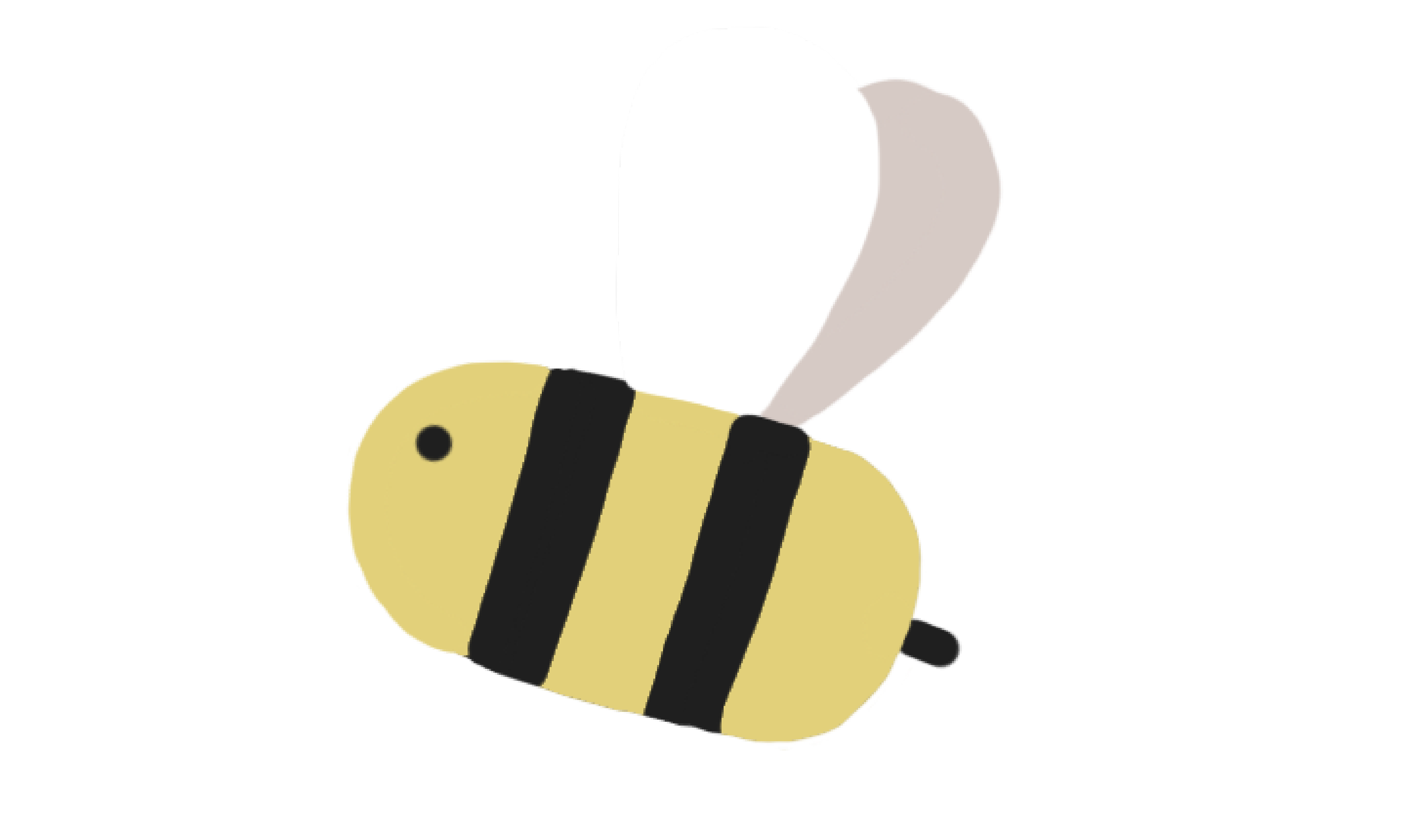 Digital illustration of a bee with yellow and black stripes, large white wings, and a simple facial expression on a black background.