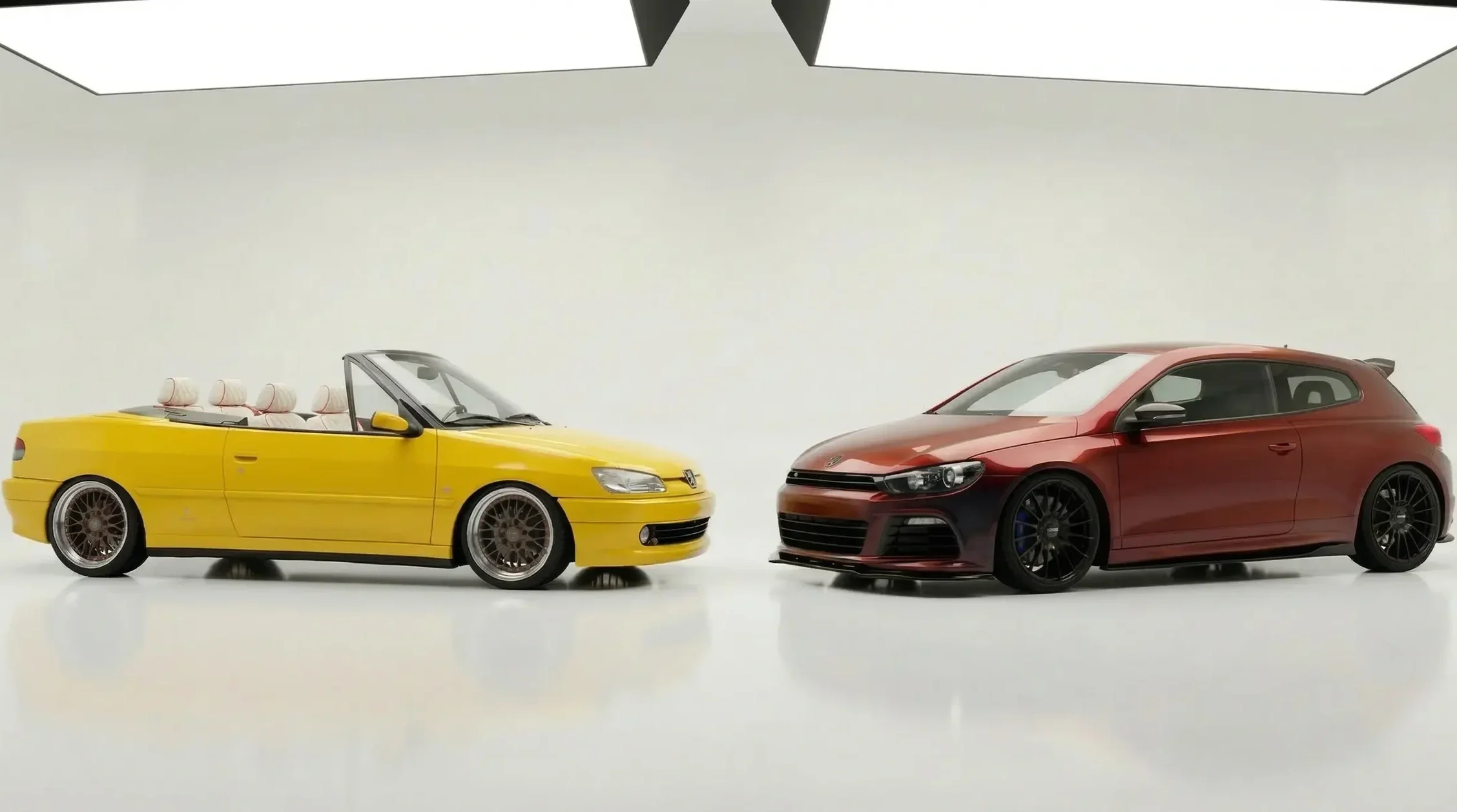 Two cars, a yellow convertible with white interior on the left and a red hatchback with black wheels on the right, are positioned side by side in a white studio setting.