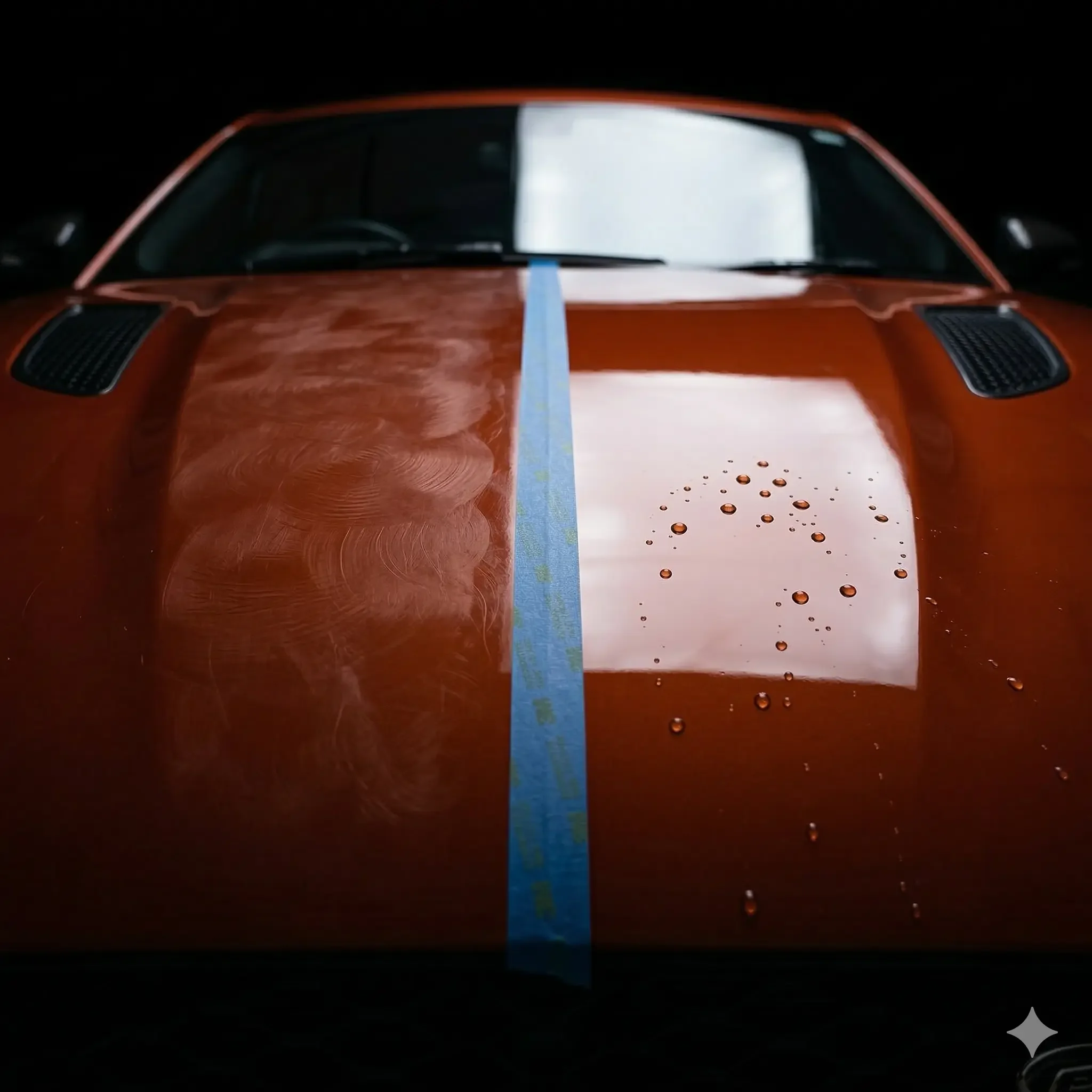 Porovnání stavu laku před a po strojním leštění na oranžovém autě