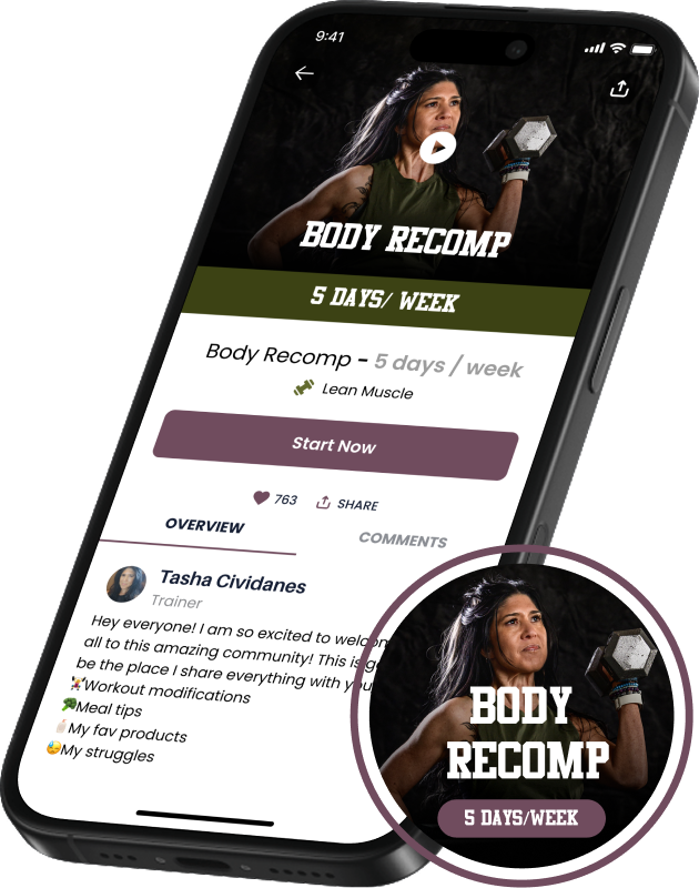 A woman lifting a dumbbell in a fitness app promotion for a 5-day per week body recomposition workout program.