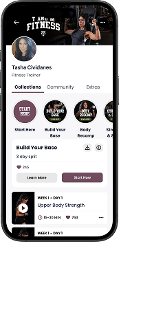 Screenshot of a fitness app profile page for Tasha Cividanes, displaying her workout plans such as 'Build Your Base' and 'Upper Body Strength,' with options to start workouts and learn more.