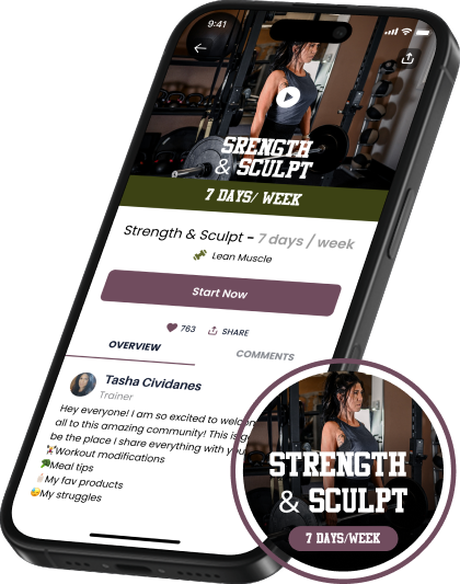 Smartphone screen displaying a fitness app for strength and sculpt training, featuring a woman lifting weights and the app's interface with green and purple sections.