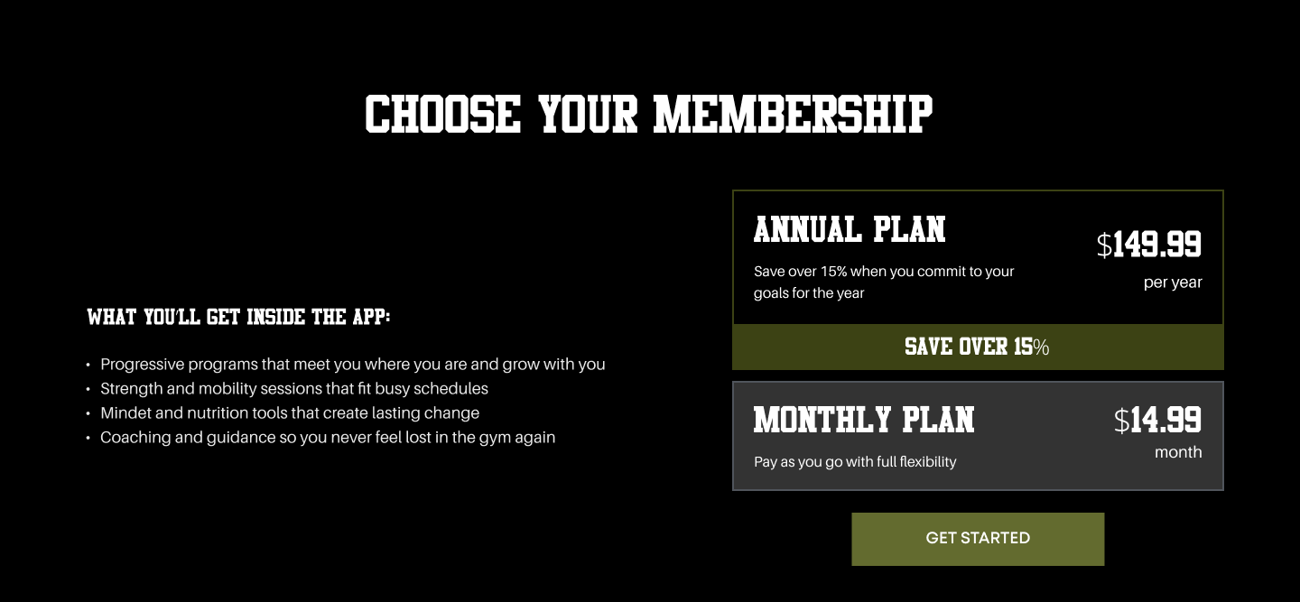 Fitness membership plan options with prices and benefits, including annual and monthly plans, and a 'Get Started' button, on a black background with white and green text.