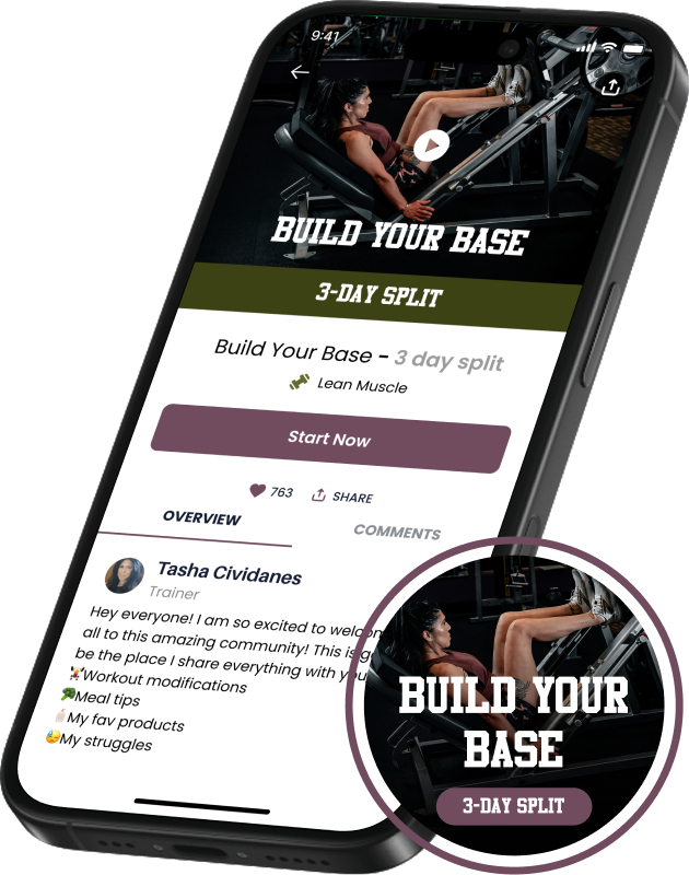 Smartphone screen displaying a fitness app titled "Build Your Base" with a 3-day split workout plan, featuring a woman exercising in a gym. An inset shows the app icon with the same title and workout image.