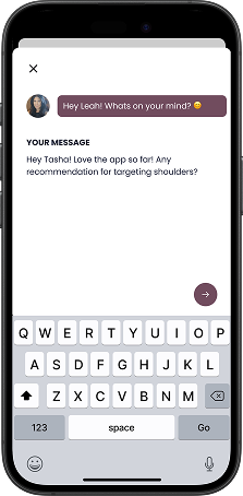 Screenshot of a messaging app on a smartphone with a chat conversation. The user has sent a message about suggestions for targeting shoulders.