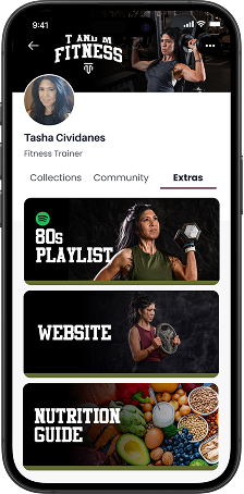 Mobile app screen showing a fitness trainer's profile, with sections for playlists, website, and nutrition guide, featuring images of women exercising and healthy foods.
