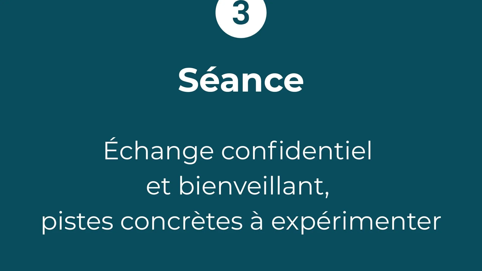 Texte indiquant une séance sur l'échange confidentiel et bienveillant, avec des pistes concrètes à expérimenter, sur un fond bleu foncé.
