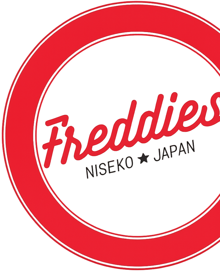 Close-up of a red and white product packaging with the brand name 'Freddies' and the text 'Niseko, Japan'.