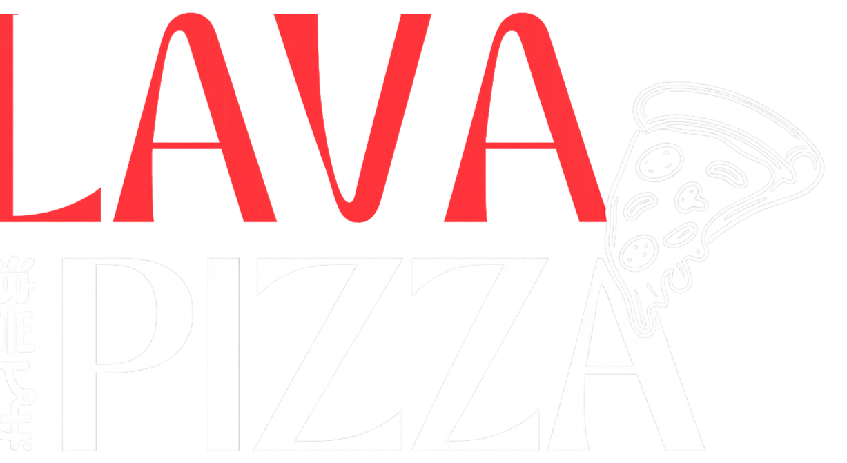 Logo for Lava Pizza, featuring the words "Lava Pizza" in large red and white letters with a pizza slice illustration.