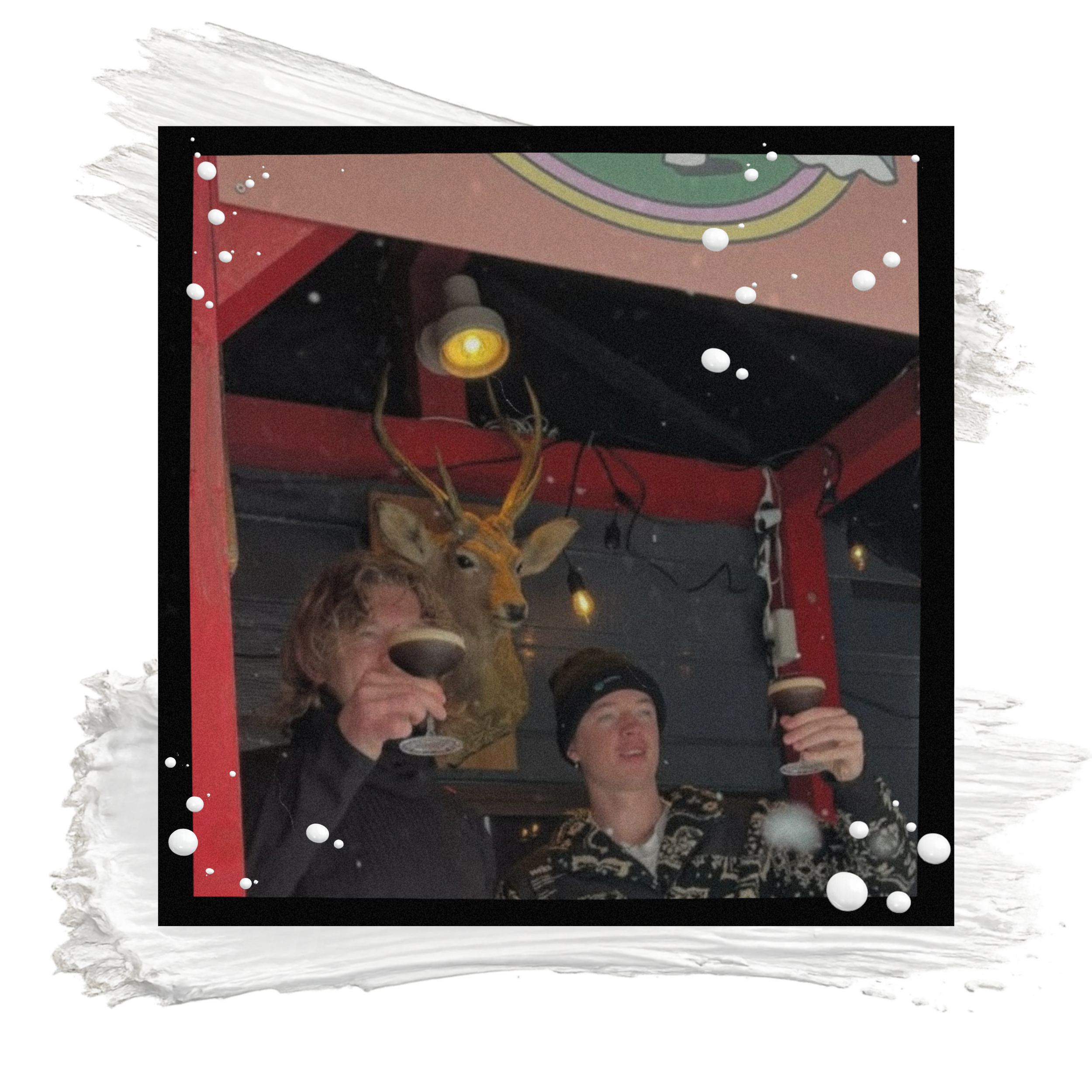 People riding a red amusement park ride with pink and green decorations, some dressed casually and wearing winter clothing, one person is in costume and another is holding a drink.