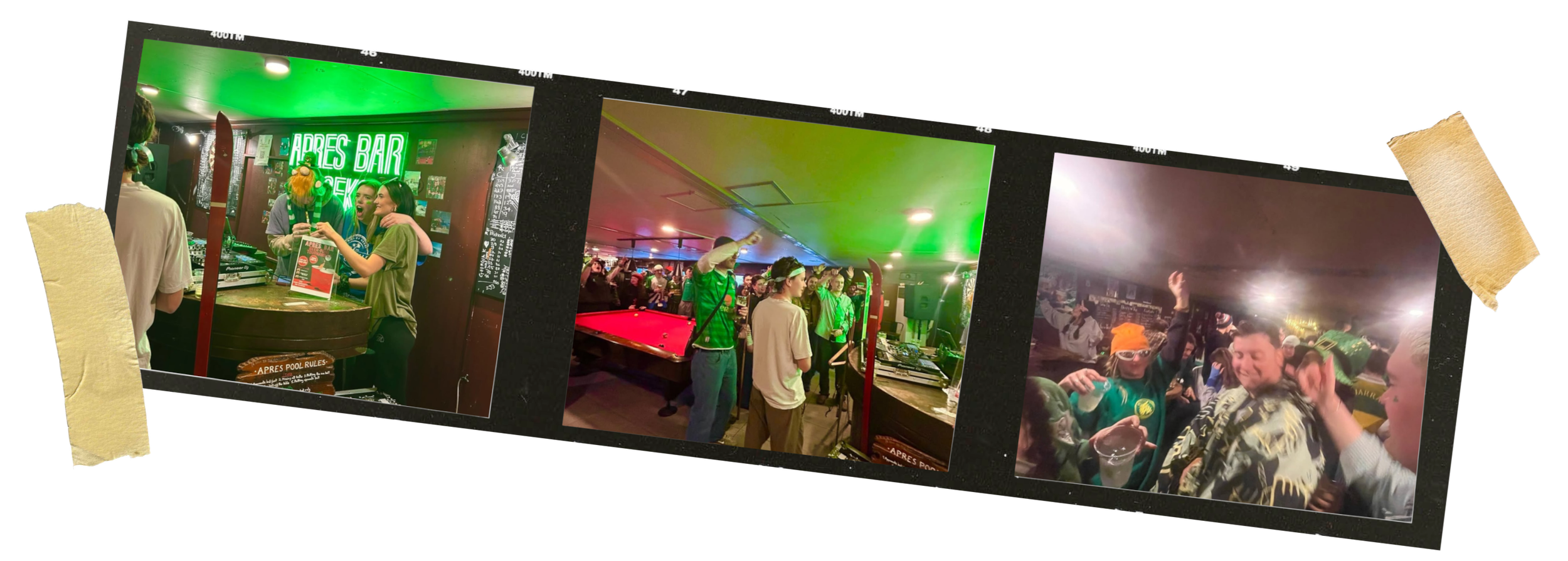 Photos of people at a lively bar or party with neon signs, pool tables, and a DJ, enjoying drinks and socializing.